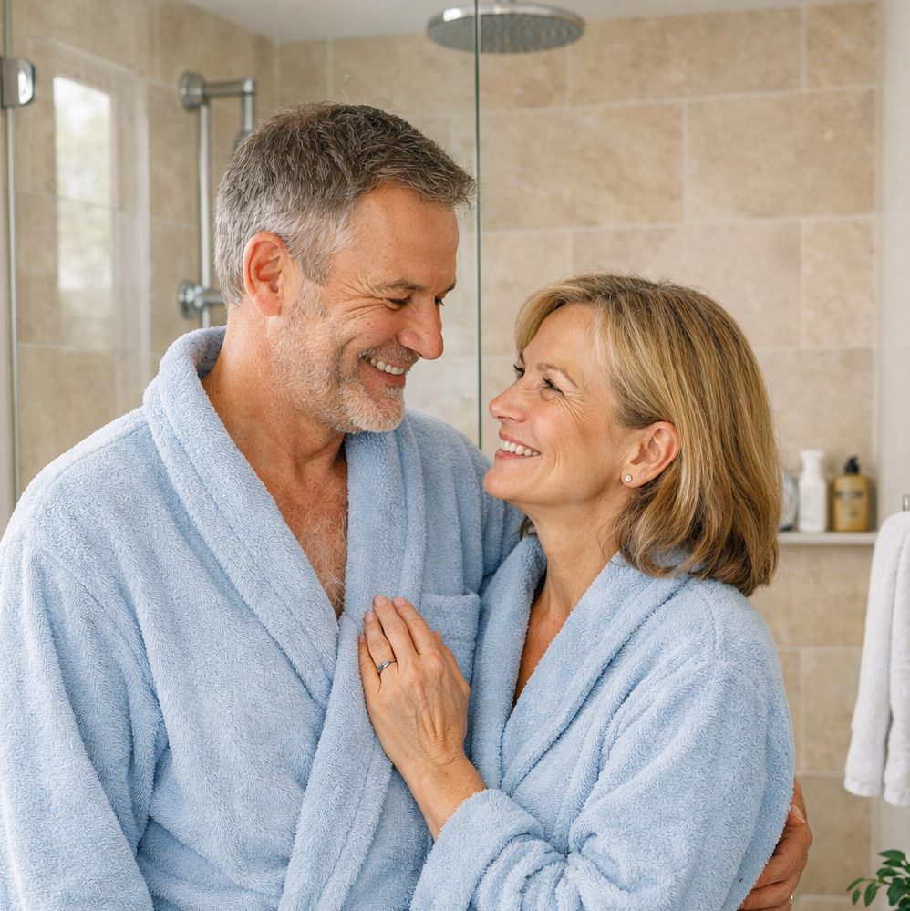 Tevreden koppel in badjas in hun vernieuwde badkamer